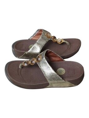 FitFlop Petra Sugar Jeweled Gold Snake Toe Post Platform Sandals Women's Size 8